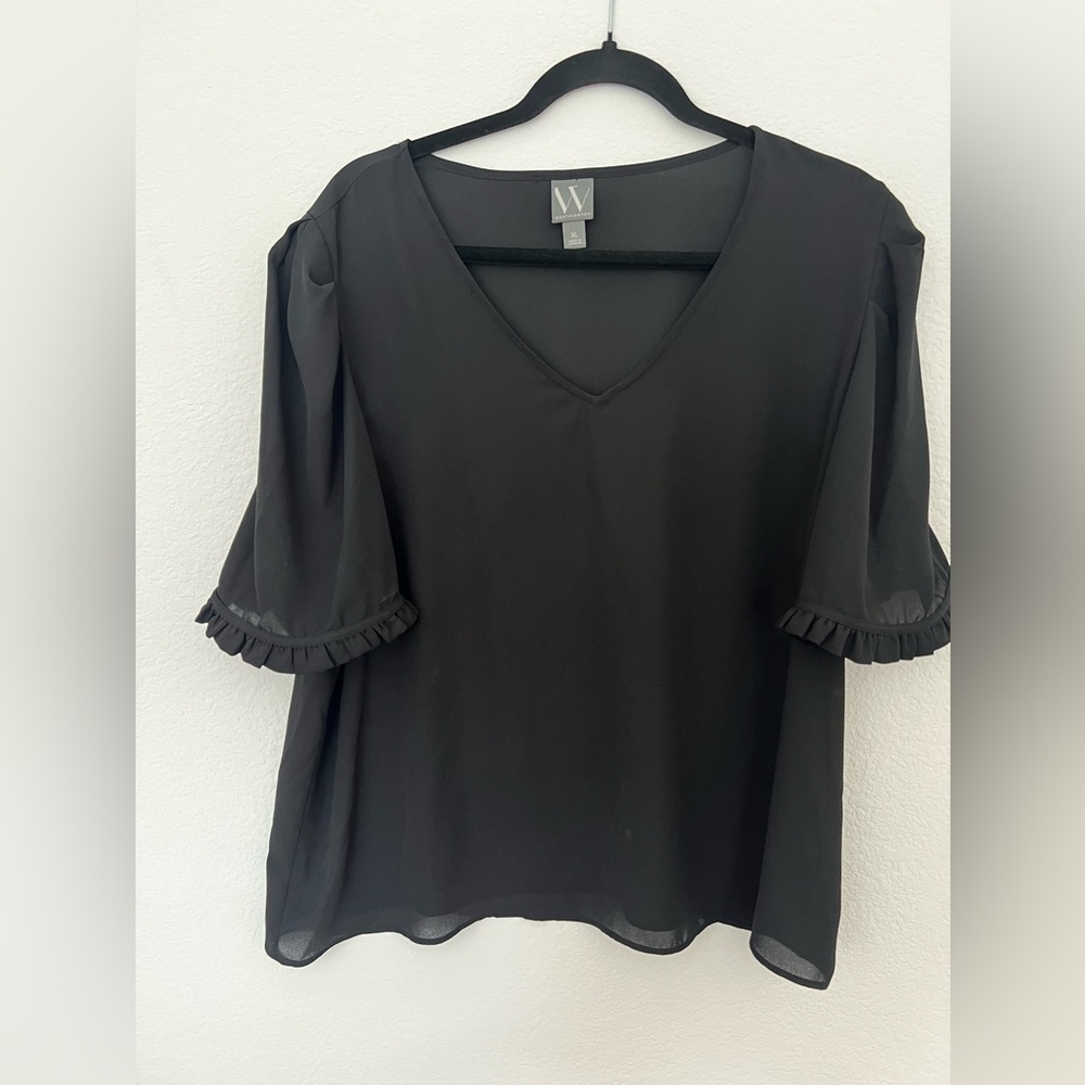Worthington Black Blouse with Above Elbow Ruffled Sleeve